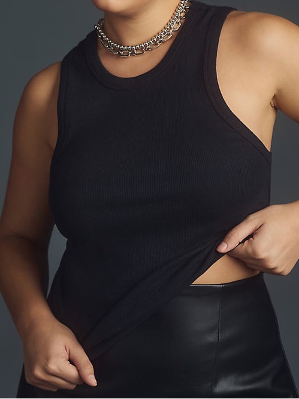 Maeve by Anthropologie Cropped Ribbed Racerback Tank Top - Black Minimalist L